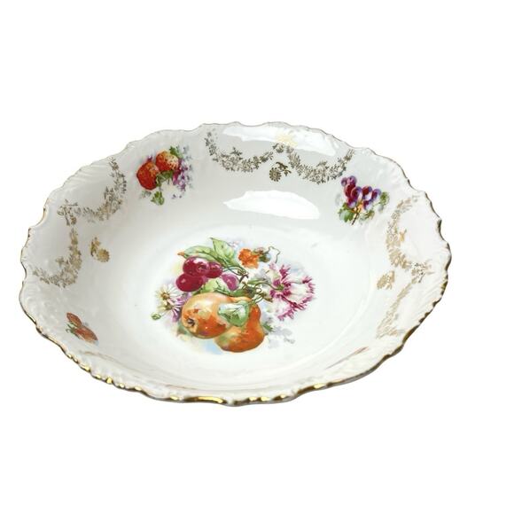 Vintage Porcelain Fruit Bowl 9 Inch Floral Print Gold Metallic Garland Design - Picture 1 of 9